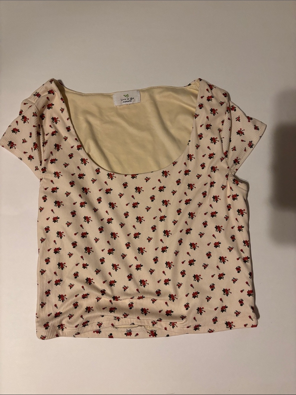 Linen & Sky Cream Scoop Neck Floral Crop Tee